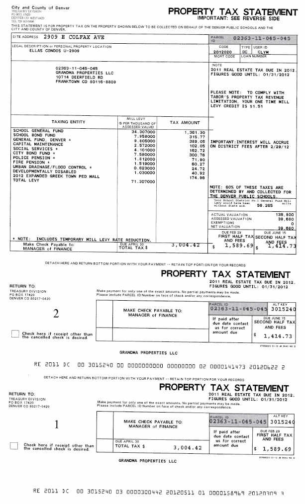 Denver's Current Property Tax Statement