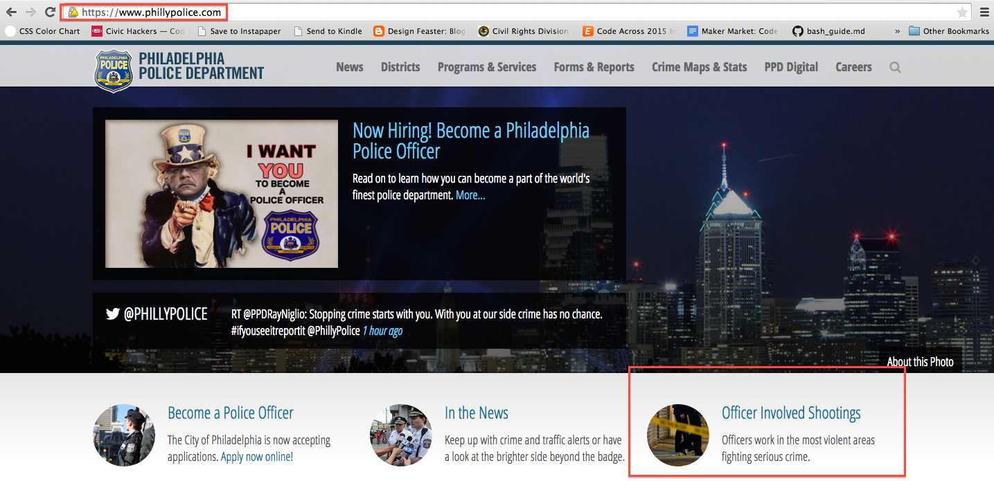 Philadelphia prominently links to their Officer Involved Shooting portal on
                  the front page of their main department website.